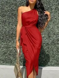 Elegant Slanted Shoulder Sleeveless Long Dress - Image 8