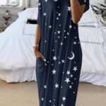 Star And Moon Print Short Sleeve Maxi Dress