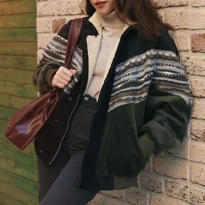 5D786E19-FA2A-03B7-B966-A6A9E5B49AD4.jpg Women Retro Corduroy Patchwork Fleece Jacket Coat - Image 1