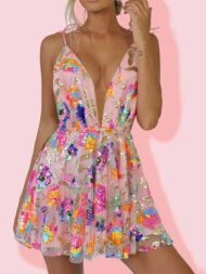 Women's Dresses V-Neck Open Back Sequins Lace-Up Mini Dress - Image 2