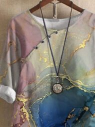 Round Neck Foil Print Loose Short Sleeve Blouse
